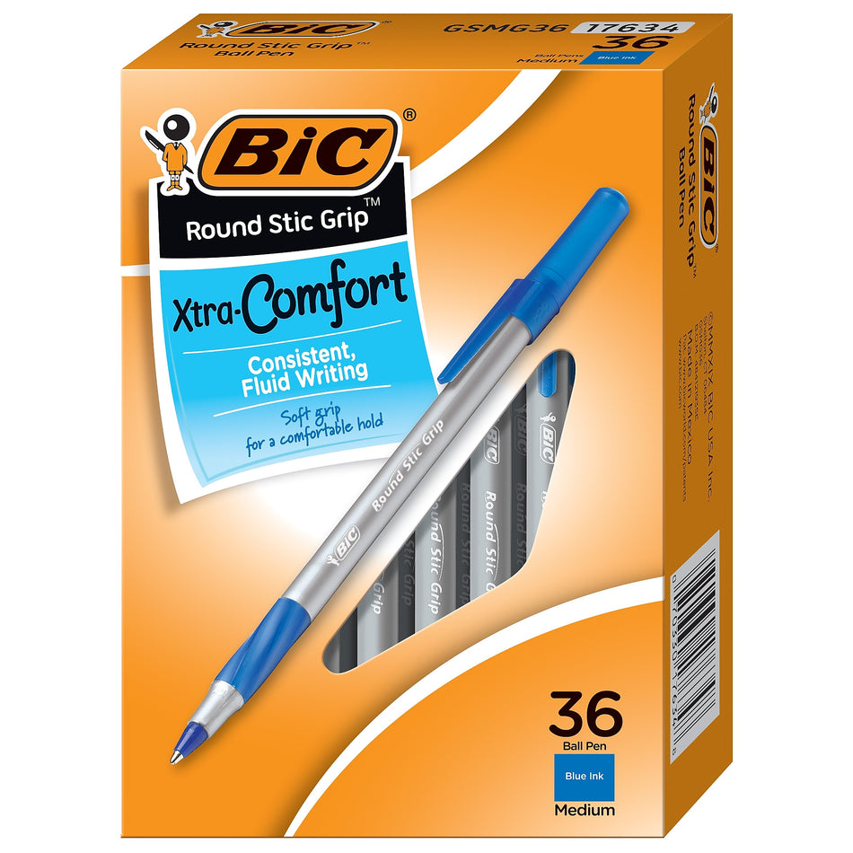 BIC Round Stic Grip Xtra Comfort Ballpoint Pen, Medium Point, Blue Ink, 36/pack