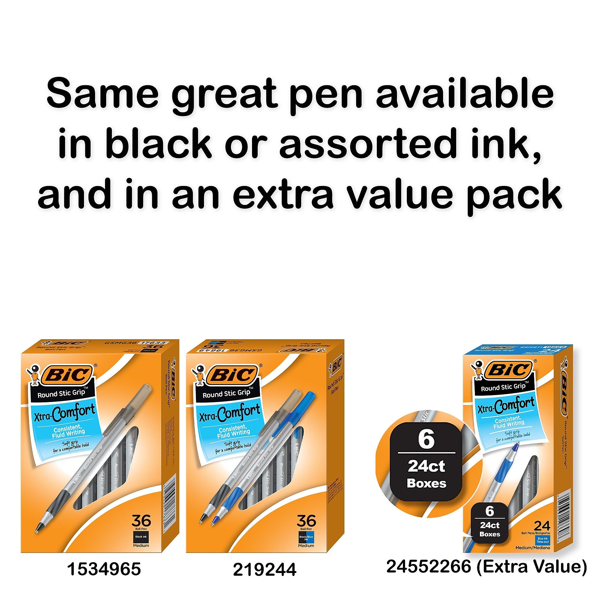 BIC Round Stic Grip Xtra Comfort Ballpoint Pen, Medium Point, Blue Ink, 36/pack