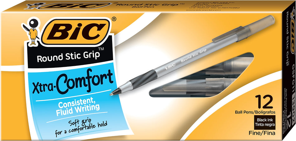 BIC Round Stic Grip Xtra Comfort Ballpoint Pens, Fine Point, 0.8mm, Black Ink, Dozen