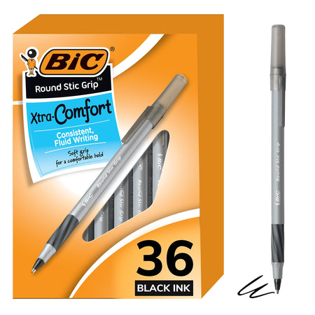 BIC Round Stic Grip Xtra Comfort Ballpoint Pens, Medium Point, Black Ink, 36 Pack