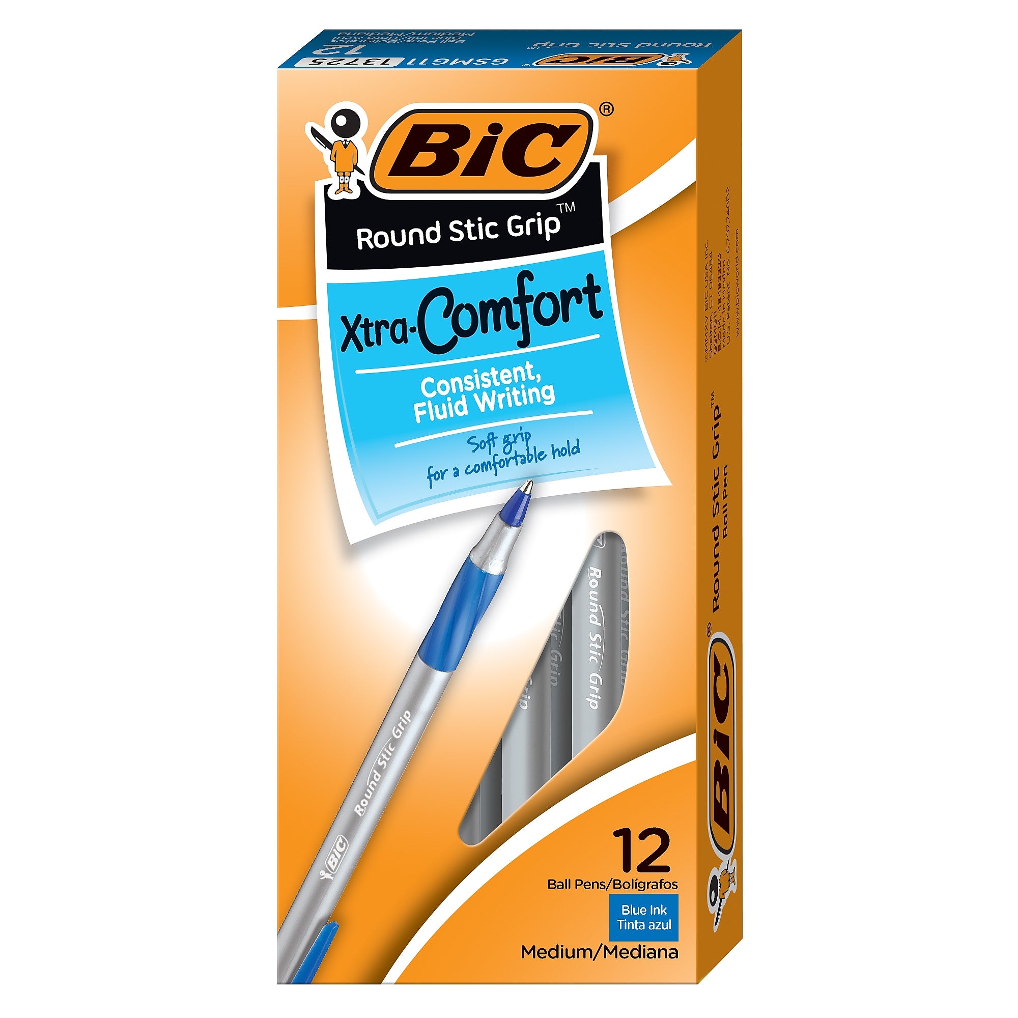 BIC Round Stic Grip Xtra Comfort Ballpoint Pens, Medium Point, Blue Ink, 12/Pack