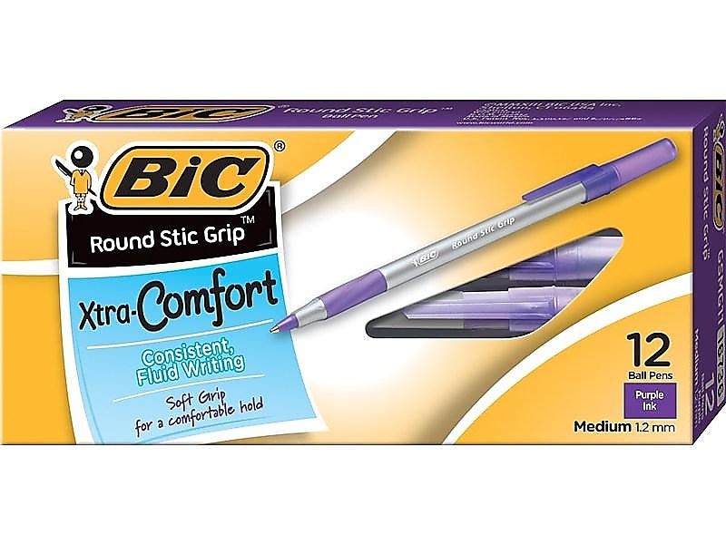 BIC Round Stic Grip Xtra Comfort Ballpoint Pens, Medium Point, Purple Ink, Dozen