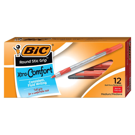 BIC Round Stic Grip Xtra Comfort Ballpoint Pens, Medium Point, Red Ink, Dozen