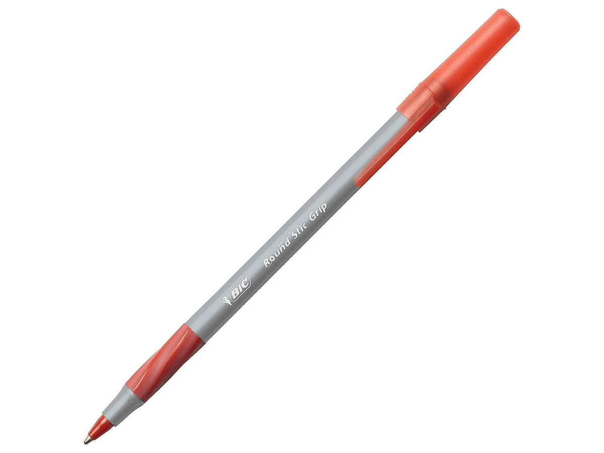 BIC Round Stic Grip Xtra Comfort Ballpoint Pens, Medium Point, Red Ink, Dozen