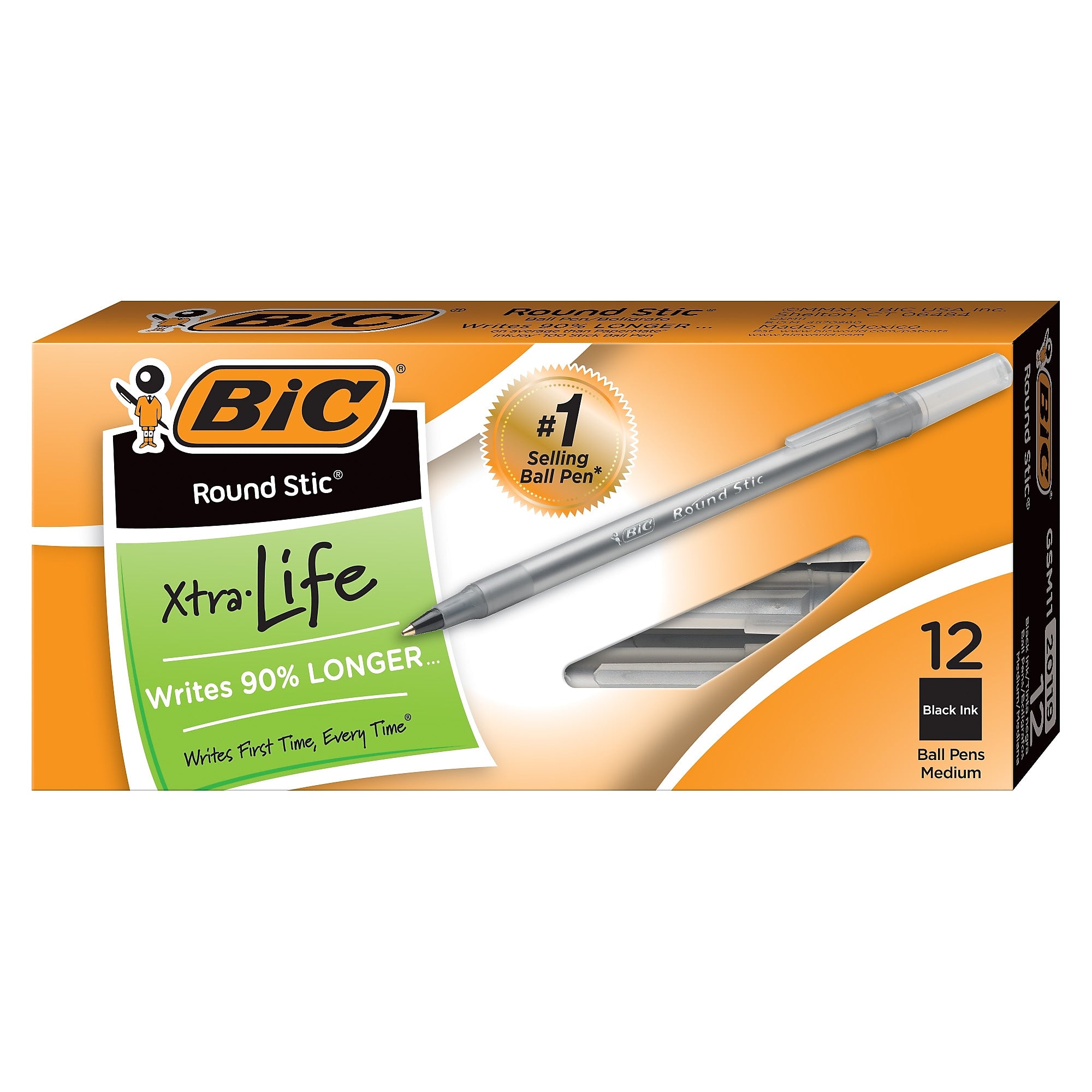 BIC Round Stic Xtra-Life Ballpoint Pen, Medium Point, 1.0mm, Black Ink, Dozen