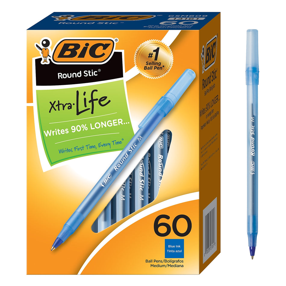 BIC Round Stic Xtra-Life Ballpoint Pen, Medium Point, 1.0mm, Blue Ink, 60/Pack