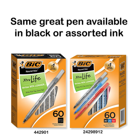 BIC Round Stic Xtra-Life Ballpoint Pen, Medium Point, 1.0mm, Blue Ink, 60/Pack