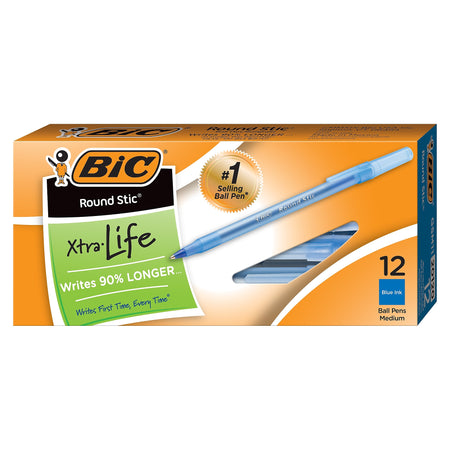 BIC Round Stic Xtra-Life Ballpoint Pen, Medium Point, 1.0mm, Blue Ink, Dozen