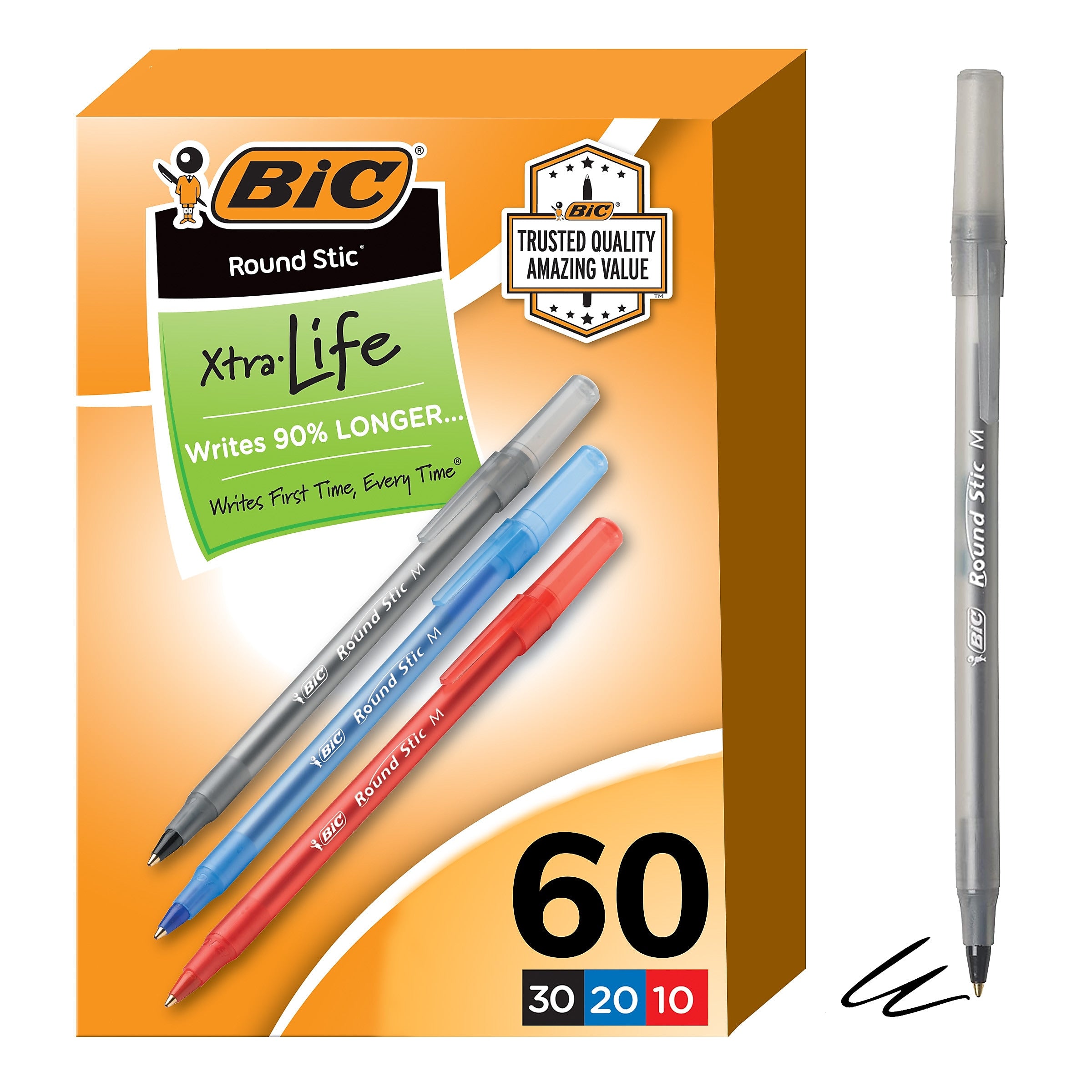 BIC Round Stic Xtra-Life Ballpoint Pen, Medium Point, Assorted Ink, 60/Pack