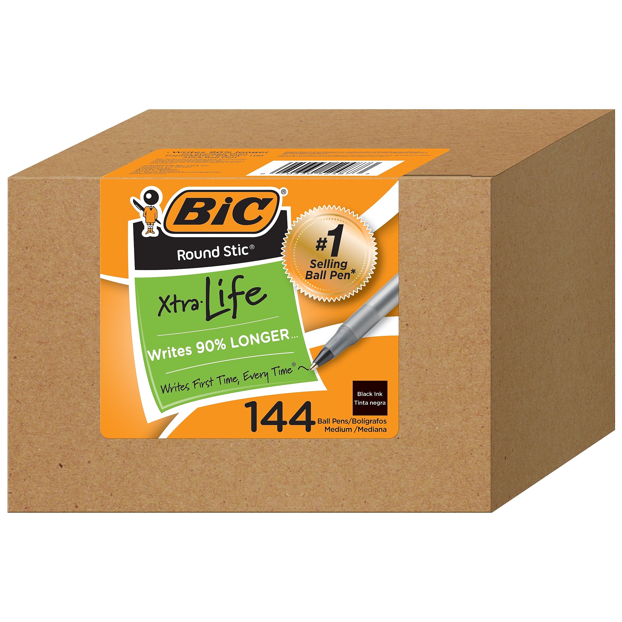 BIC Round Stic Xtra Life Ballpoint Pen, Medium Point, Black Ink, 144/Pack