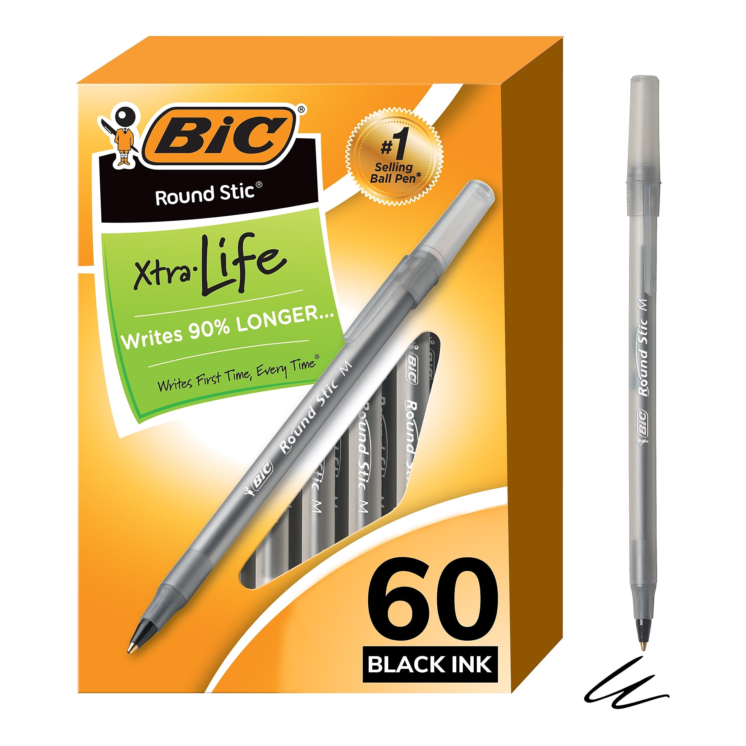 BIC Round Stic Xtra-Life Ballpoint Pen, Medium Point, Black Ink, 60/Pack