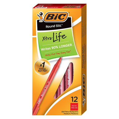 BIC Round Stic Xtra Life Ballpoint Pens, Medium Point, 1.0mm, Red Ink, Dozen