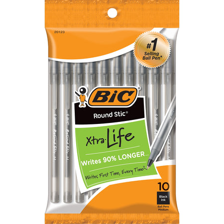 BIC Round Stic Xtra Life Ballpoint Pens, Medium Point, Black Ink, 10/Pack