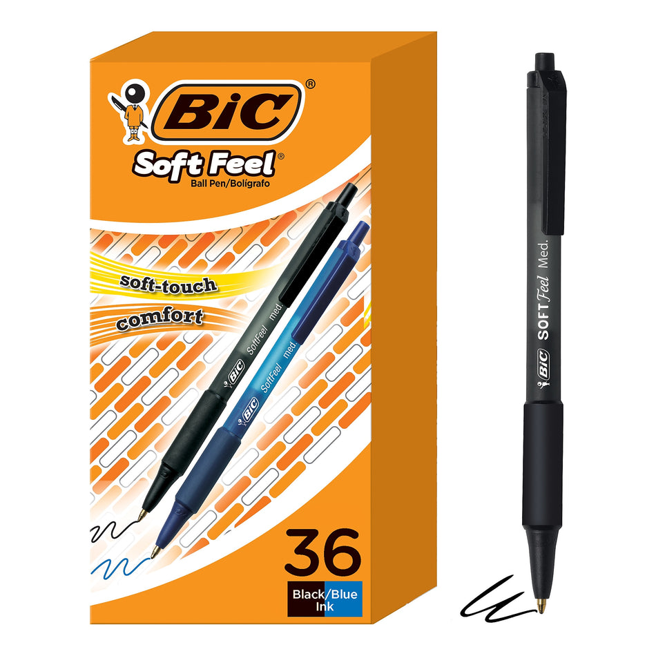 BIC Soft Feel Retractable Ballpoint Pen, Medium Point, 1.0mm, Assorted Ink, 36 Pack