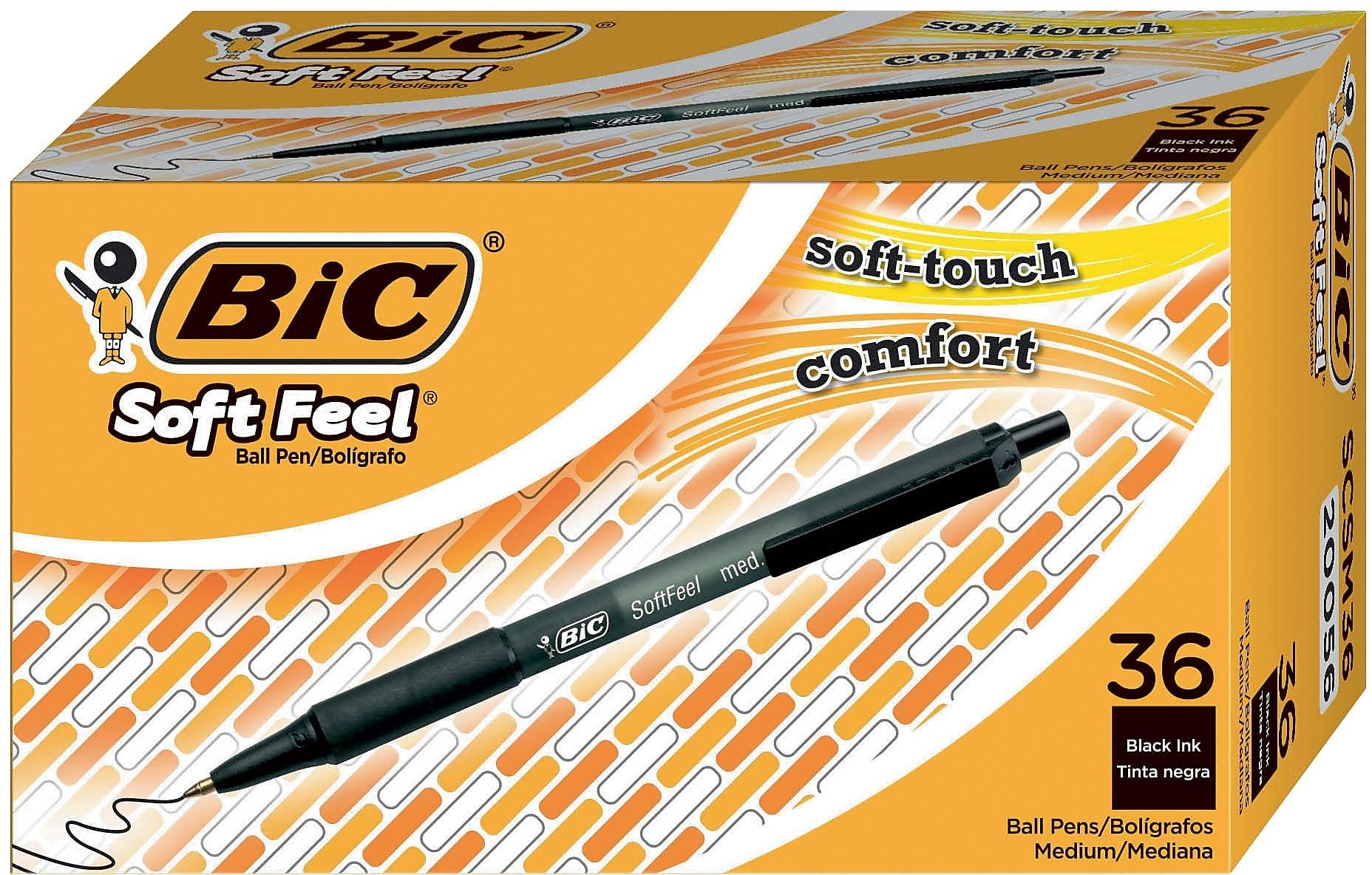 BIC Soft Feel Retractable Ballpoint Pen, Medium Point, Black Ink, 36/Pack