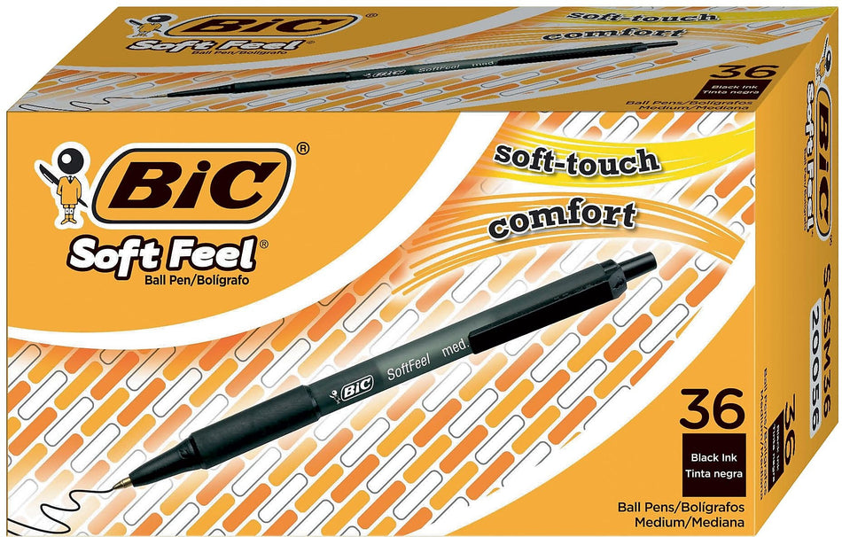 BIC Soft Feel Retractable Ballpoint Pen, Medium Point, Black Ink, 36/Pack