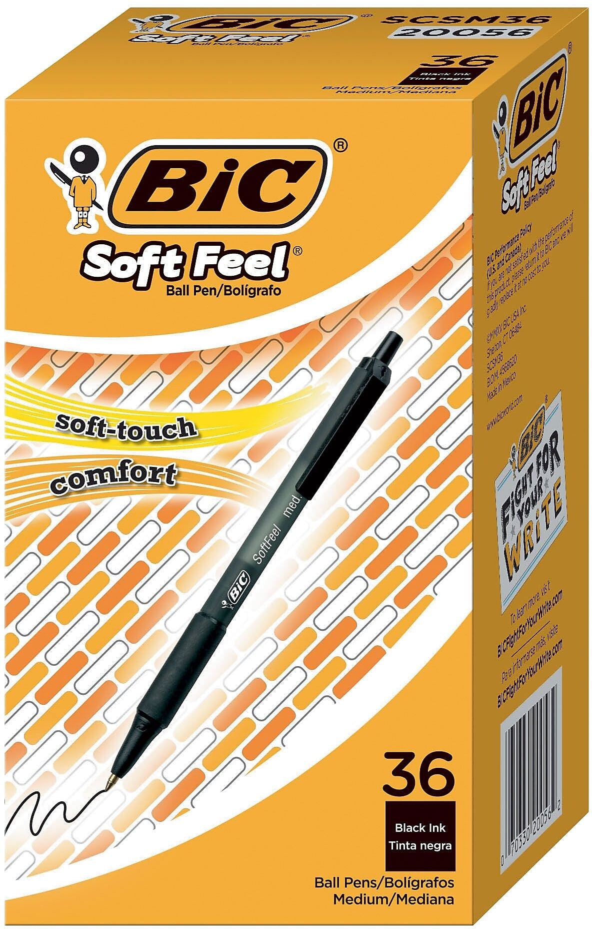 BIC Soft Feel Retractable Ballpoint Pen, Medium Point, Black Ink, 36/Pack
