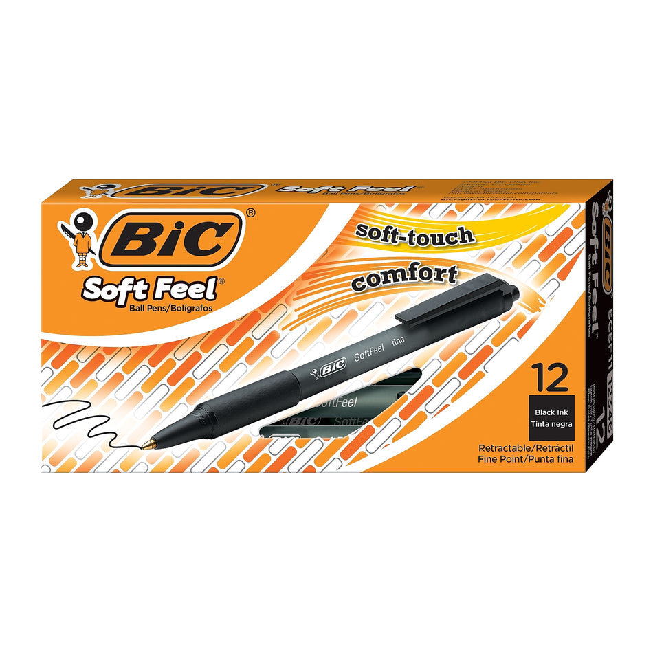 BIC Soft Feel Retractable Ballpoint Pens, Fine Point, 0.8mm, Black Ink, Dozen