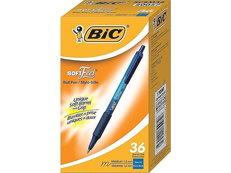 BIC Soft Feel Retractable Ballpoint Pens, Medium Point, 1.0mm, Blue Ink, 36/Pack