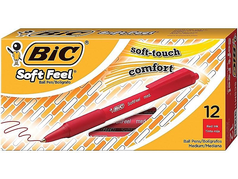 BIC Soft Feel Retractable Ballpoint Pens, Medium Point, Red Ink, 12/Pack