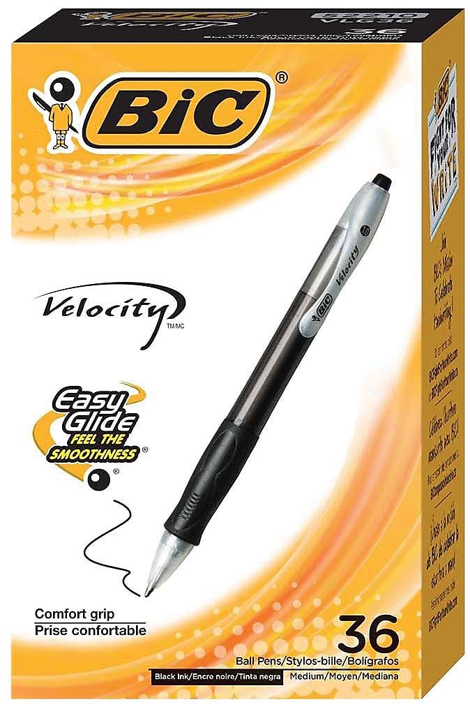 BIC Velocity Retractable Ballpoint Pens, Medium Point, 1.0mm, Black Ink, 36/Pack