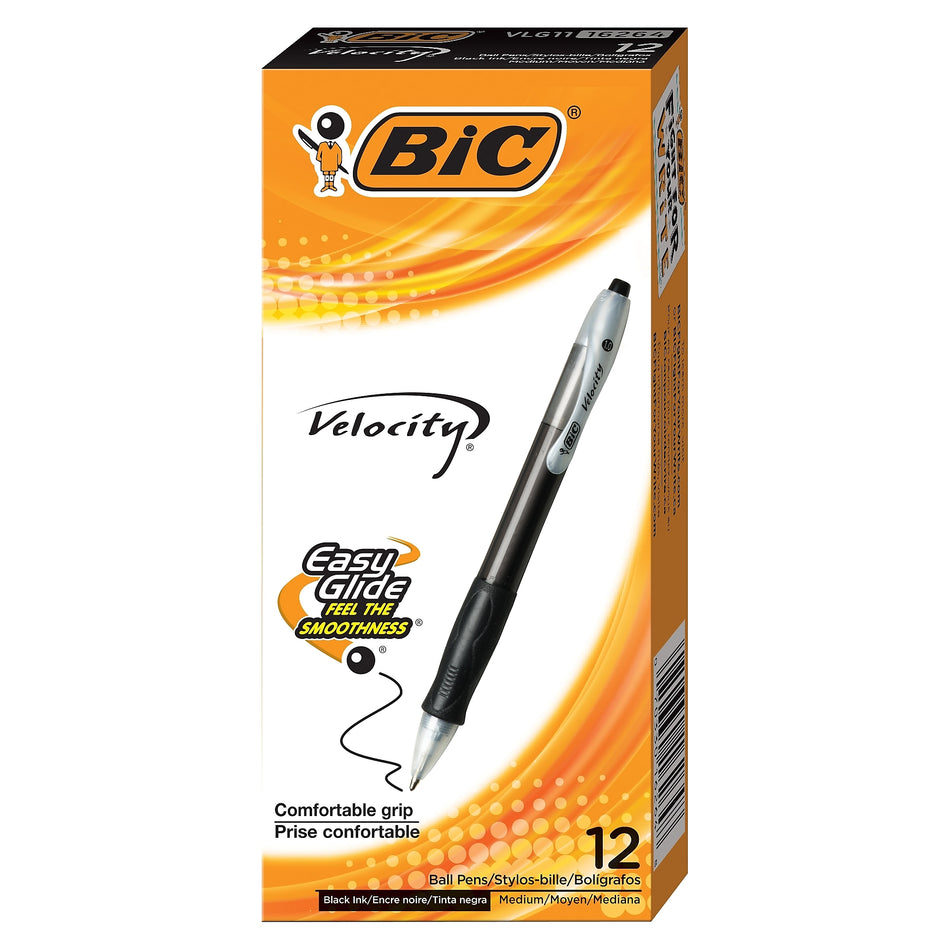 BIC Velocity Retractable Ballpoint Pens, Medium Point, Black Ink, Dozen