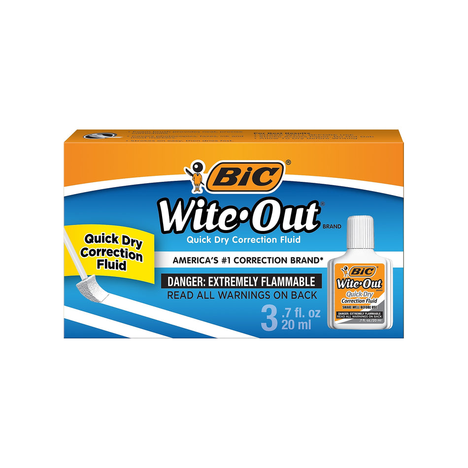 BIC Wite-Out Correction Fluid, 20 ml., White, 3/Pack