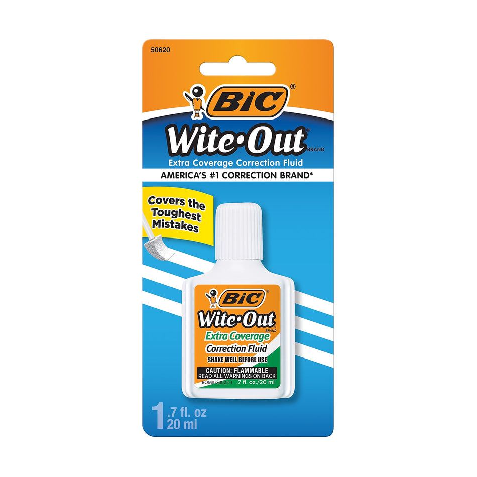 BIC Wite-Out Extra Coverage Correction Fluid, 20 ml., White