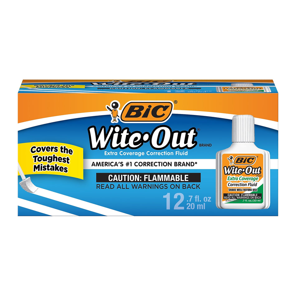 BIC Wite-Out Extra Coverage Correction Fluid, 20 ml., White, 12/Pack