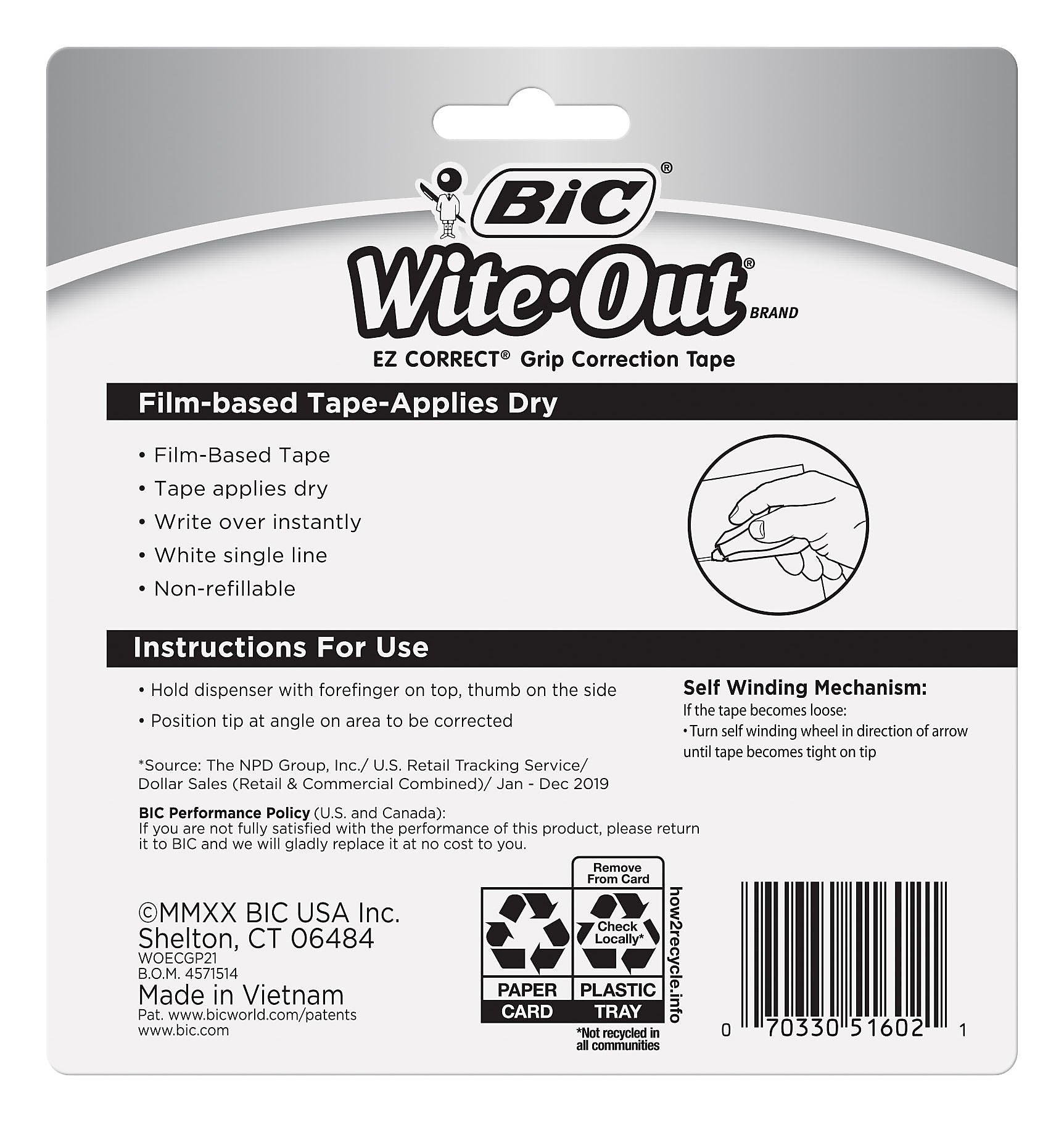 BIC Wite-Out EZ Grip Correction Tape, White, 2/Pack