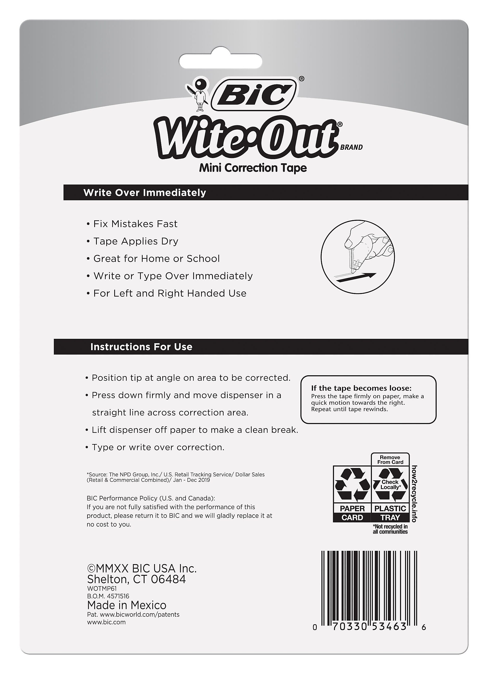 BIC Wite-Out Mini Correction Tape, White, 6/Pack