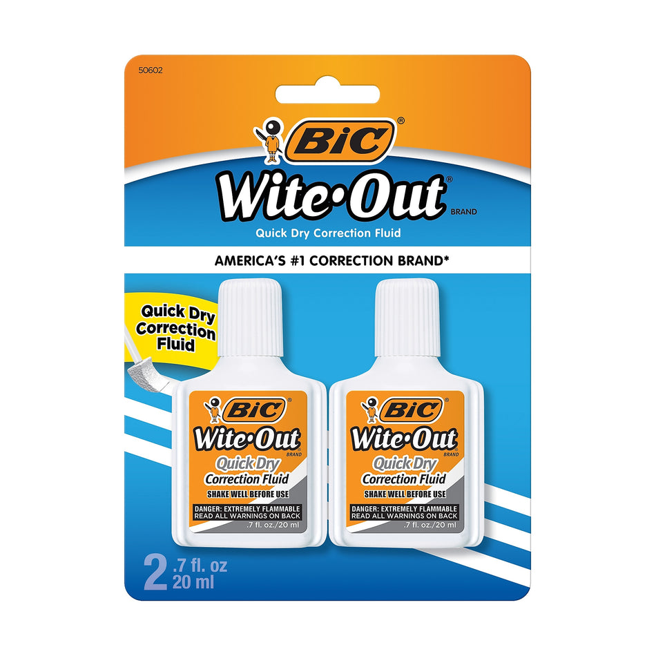 BIC Wite-Out Quick Dry Correction Fluid, 20 ml., White, 2/Pack