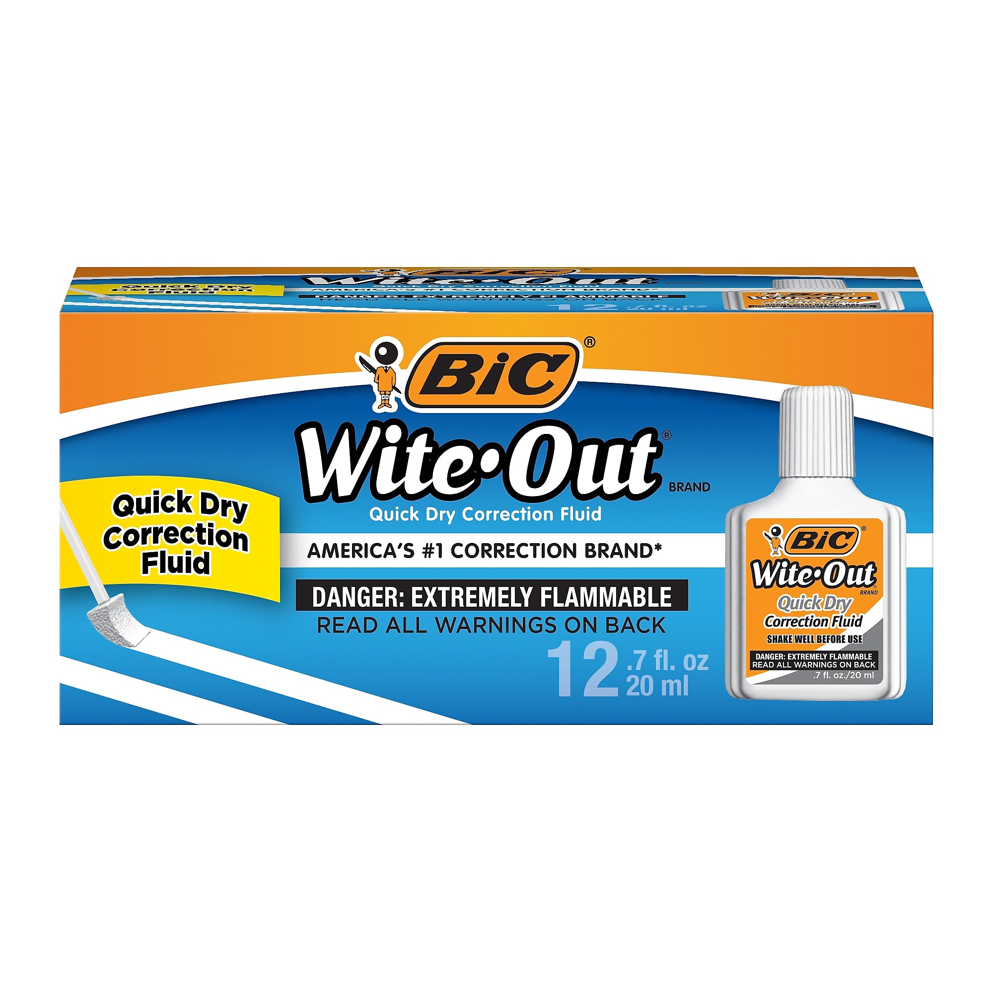 BIC Wite-Out Quick Dry Correction Fluid, 20ml., White, 12/Pack