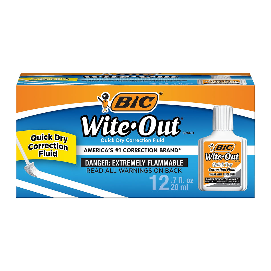 BIC Wite-Out Quick Dry Correction Fluid, 20ml., White, 12/Pack