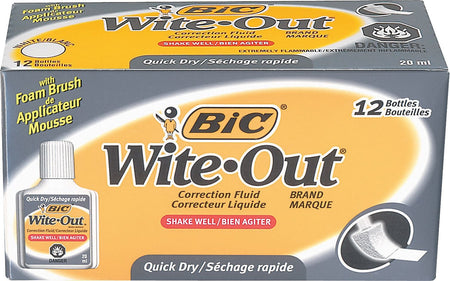 BIC Wite-Out Quick Dry Correction Fluid, 20ml., White, 12/Pack