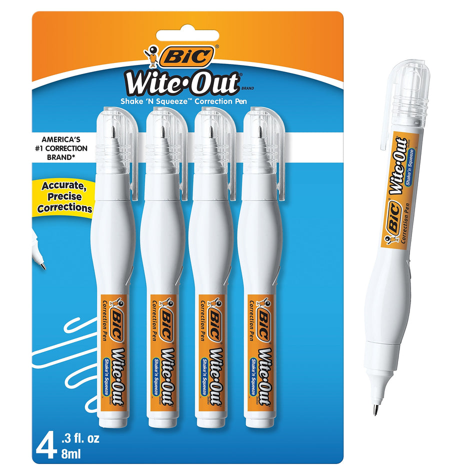 BIC Wite-Out Shake 'N Squeeze Correction Pen, 8 ml., White, 4/Pack