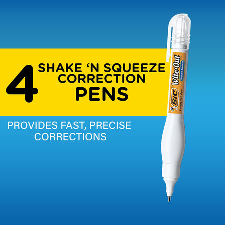 BIC Wite-Out Shake 'N Squeeze Correction Pen, 8 ml., White, 4/Pack