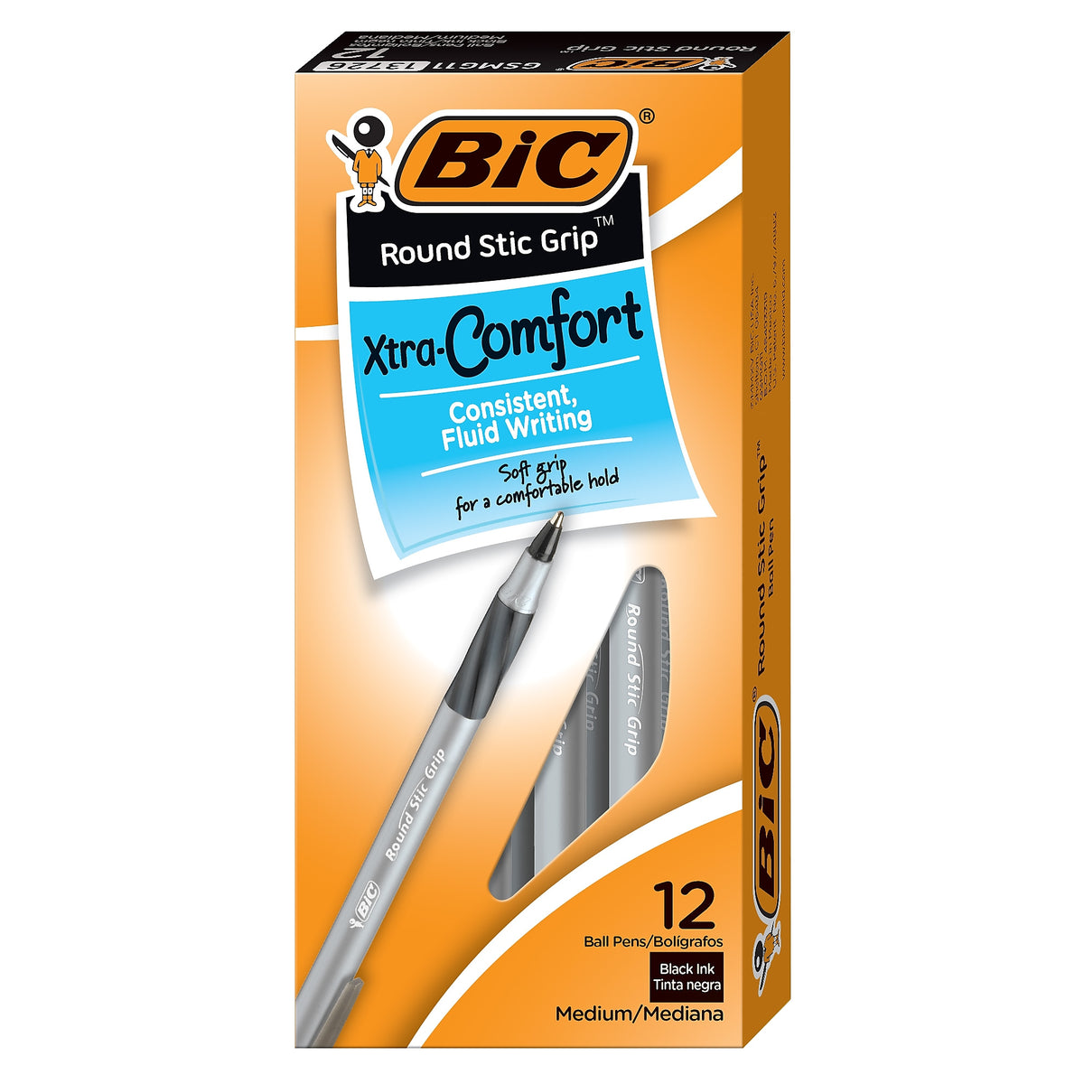 BIC Xtra Comfort Round Stic Grip Ballpoint Pens, Medium Point, Black Ink, Dozen