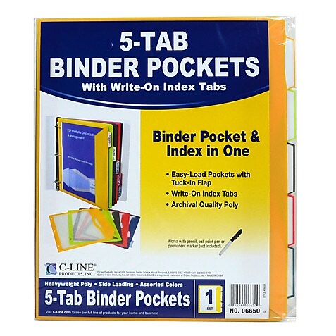 Binder Pocket With Write-On Index Tabs, 8 1/2 x 11, Assorted, 5/Set