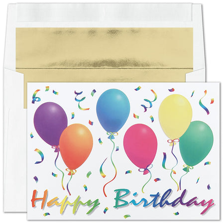 "Birthday Balloons" Card w/ Gold Lined White Envelope, 100/BX