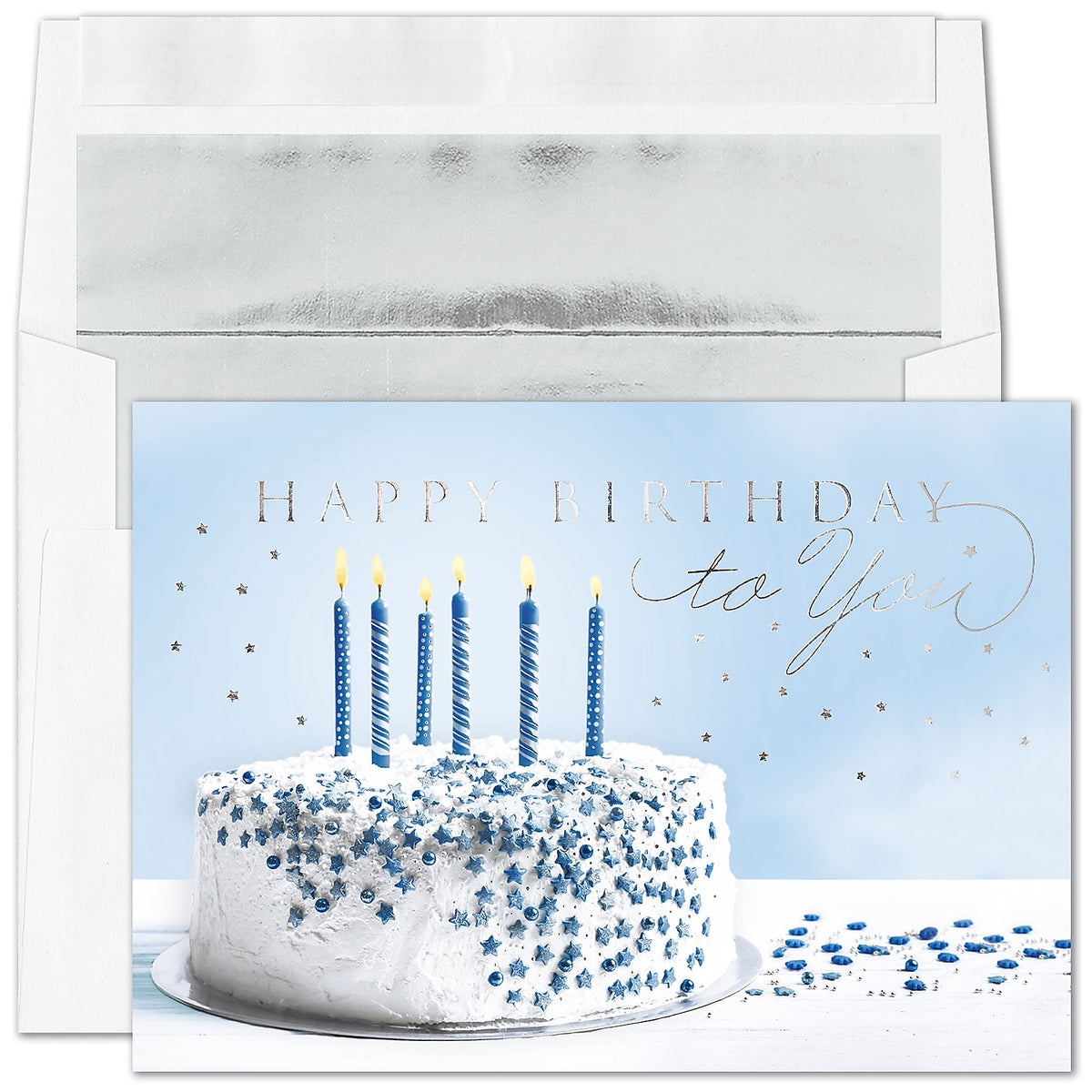 "Birthday in Blue" Birthday Card w/ Silver Lined White Envelope, 100/BX