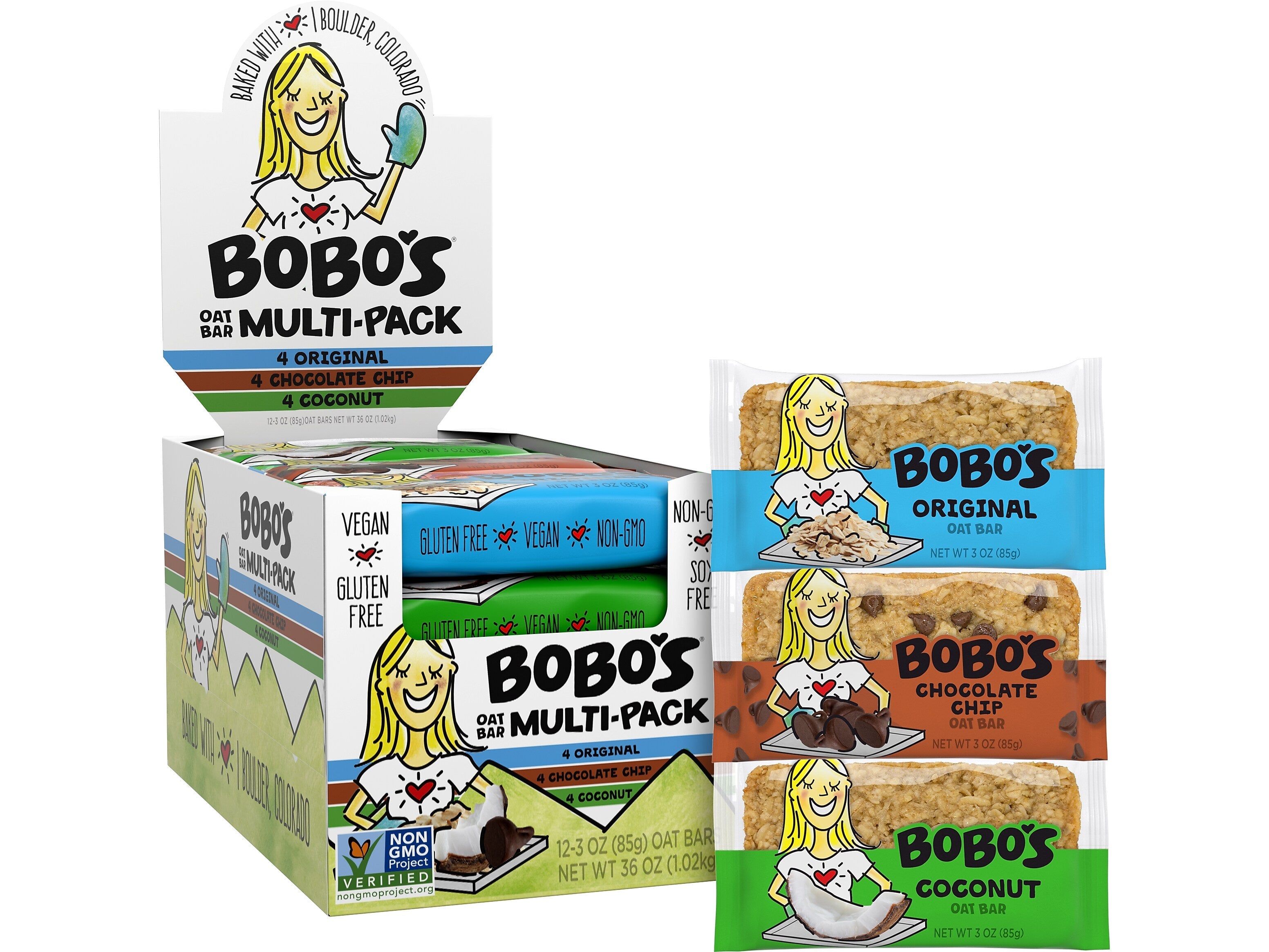 Bobo's Gluten Free Coconut/Chocolate Chip/Original Granola Bar Variety Pack, 36 oz., 12 Bars/Box