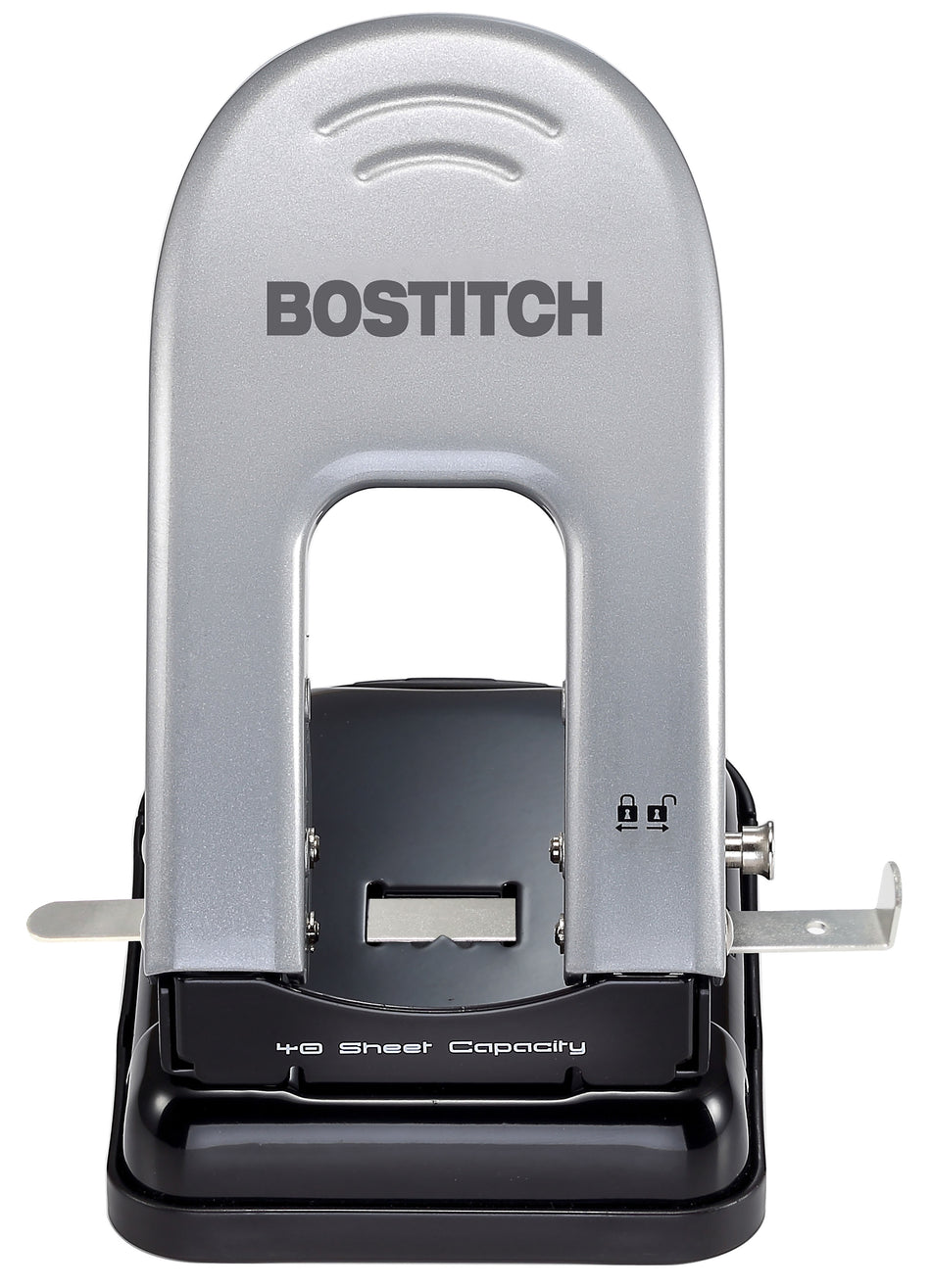 Bostitch EZ Squeeze 2-Hole Punch, 40 Sheet Capacity, Black/Silver