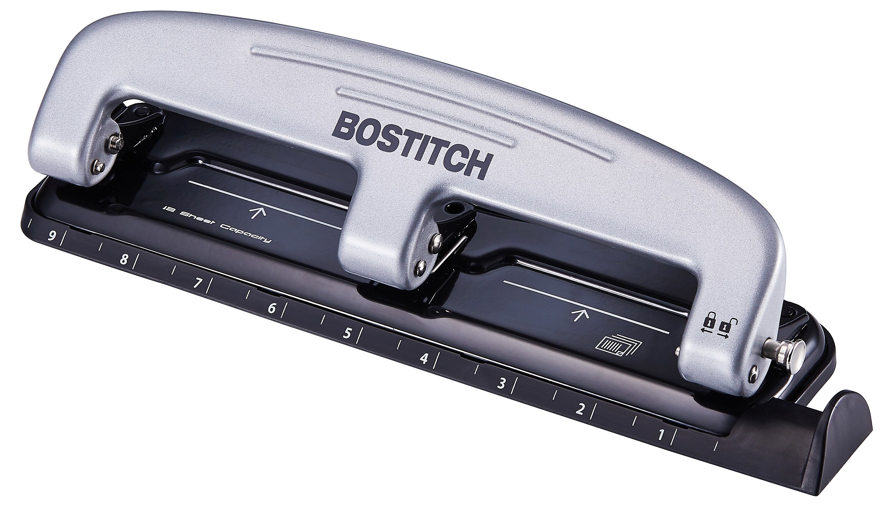 Bostitch EZ Squeeze 3-Hole Punch, 12 Sheet Capacity, Silver/Black