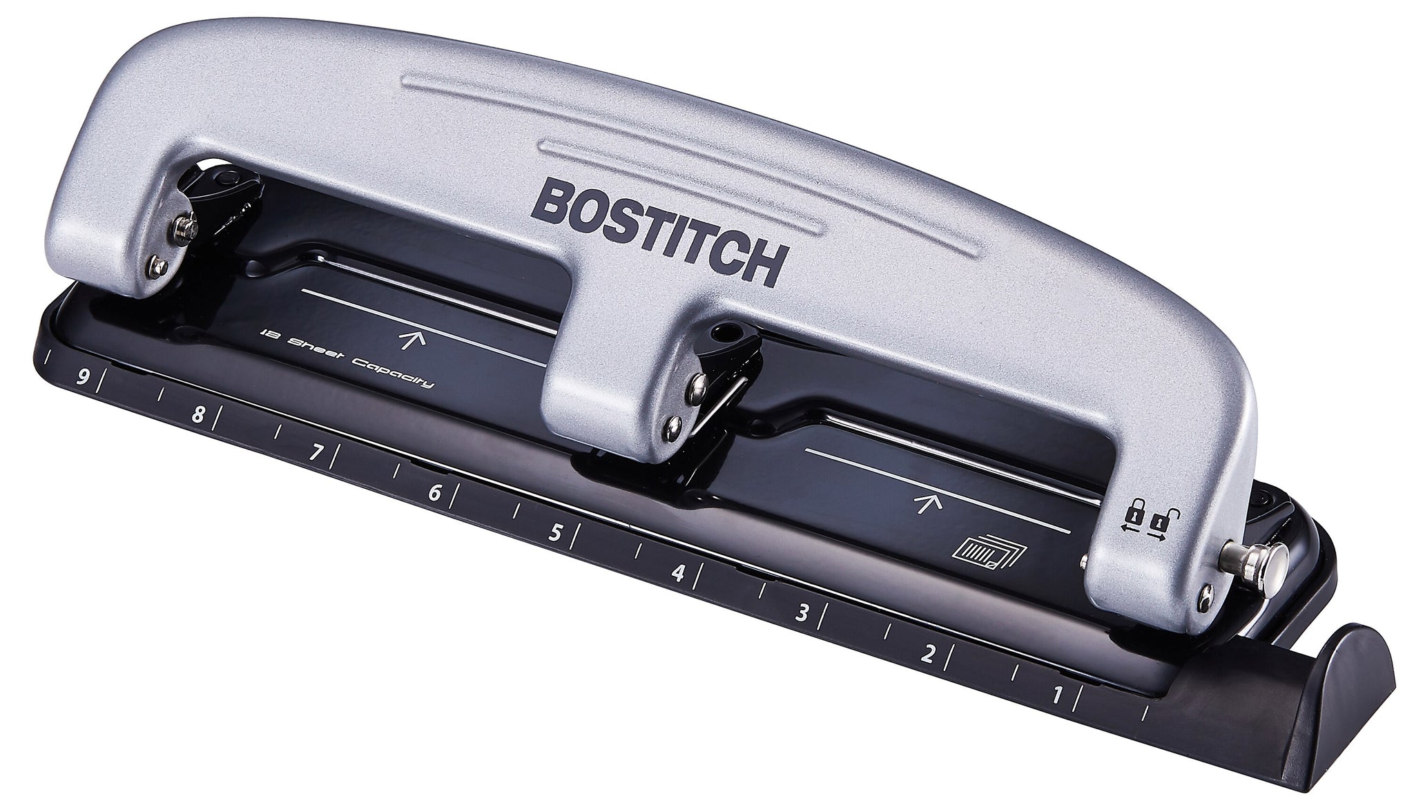 Bostitch EZ Squeeze 3-Hole Punch, 12 Sheet Capacity, Silver/Black