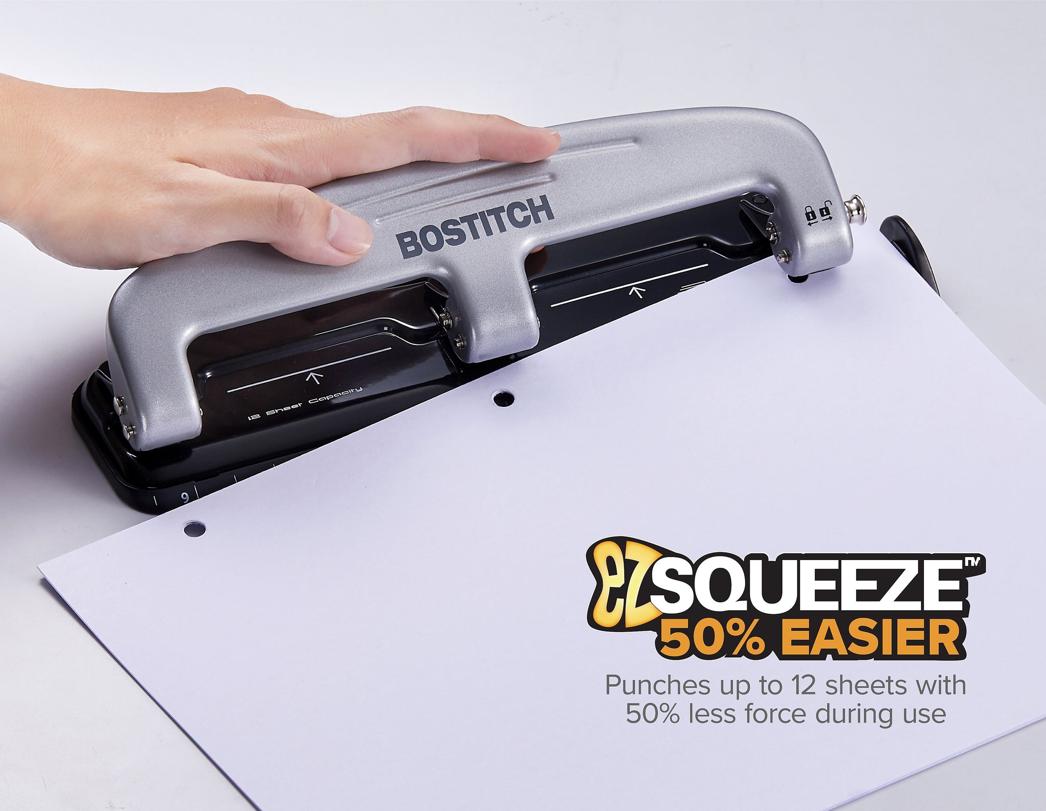Bostitch EZ Squeeze 3-Hole Punch, 12 Sheet Capacity, Silver/Black