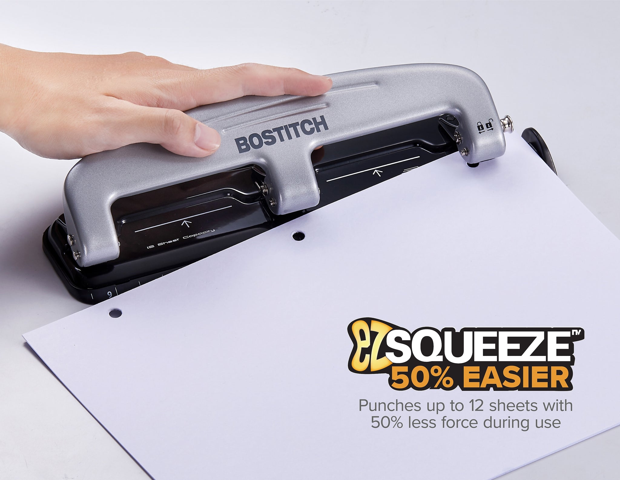Bostitch EZ Squeeze 3-Hole Punch, 12 Sheet Capacity, Silver/Black