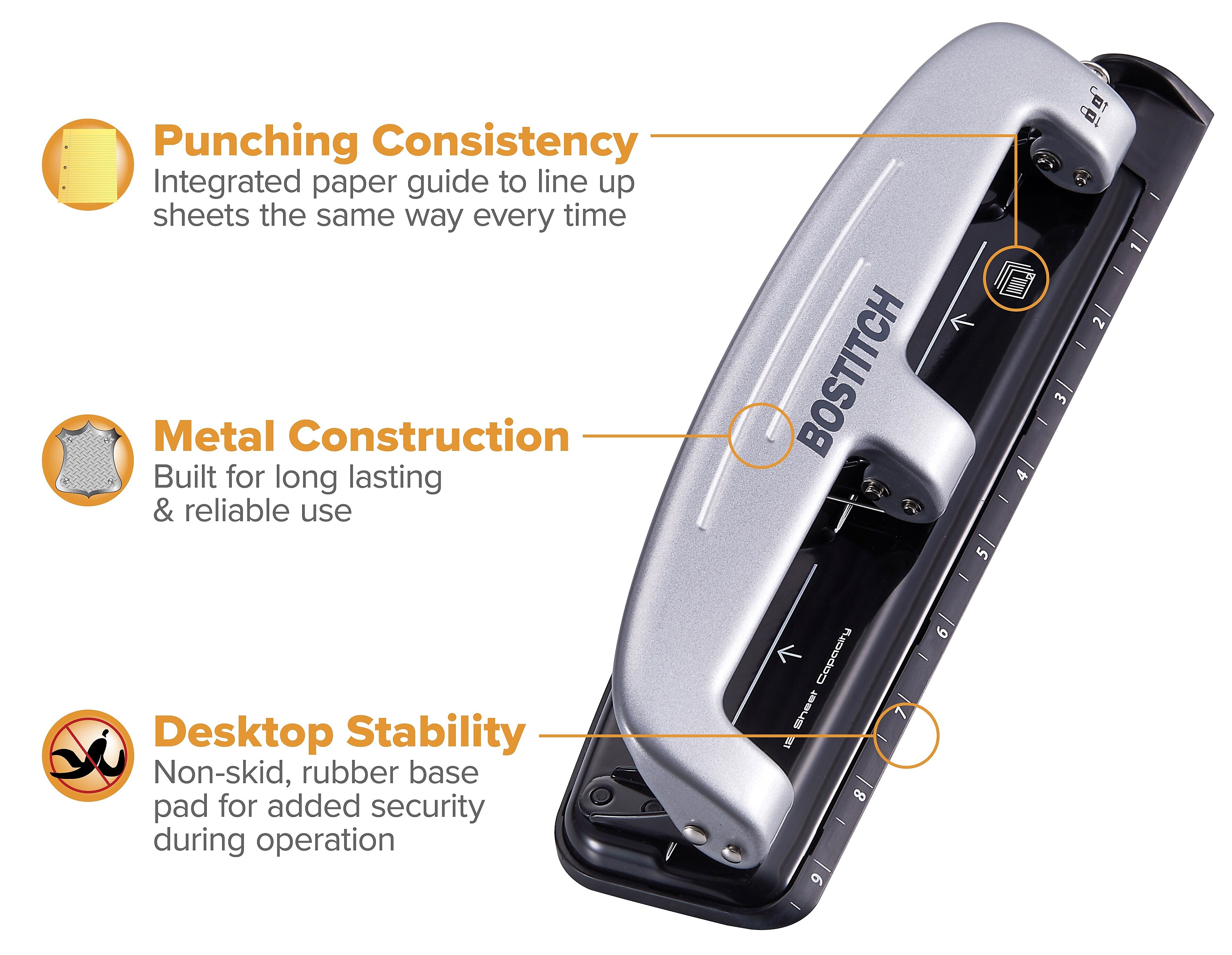 Bostitch EZ Squeeze 3-Hole Punch, 12 Sheet Capacity, Silver/Black