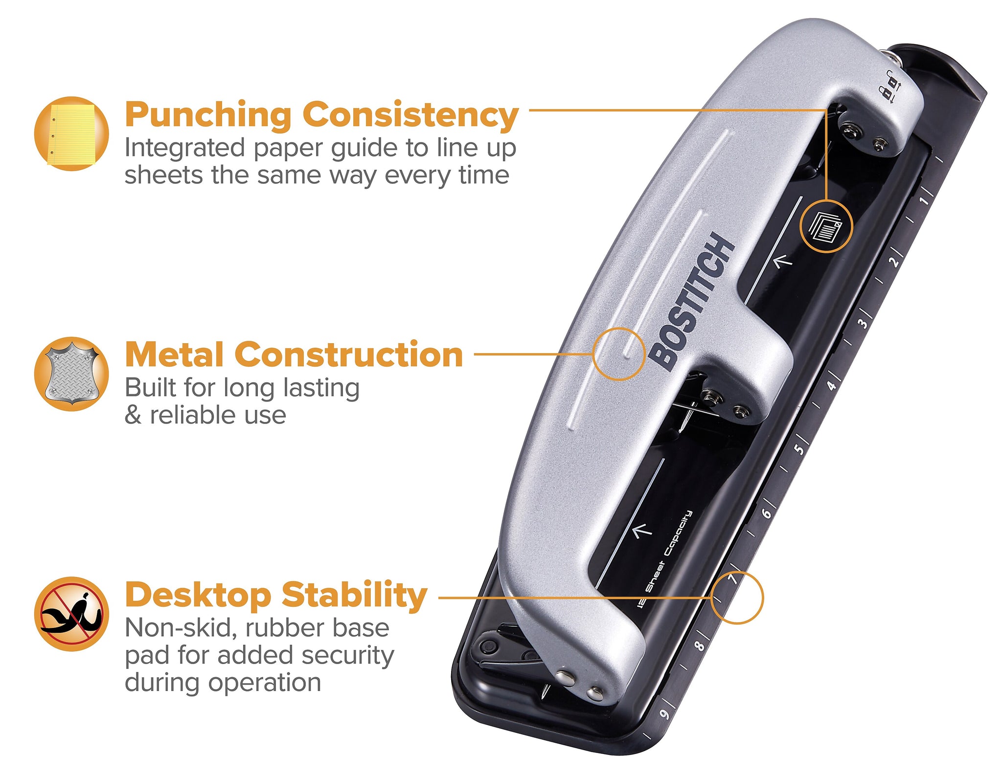 Bostitch EZ Squeeze 3-Hole Punch, 12 Sheet Capacity, Silver/Black