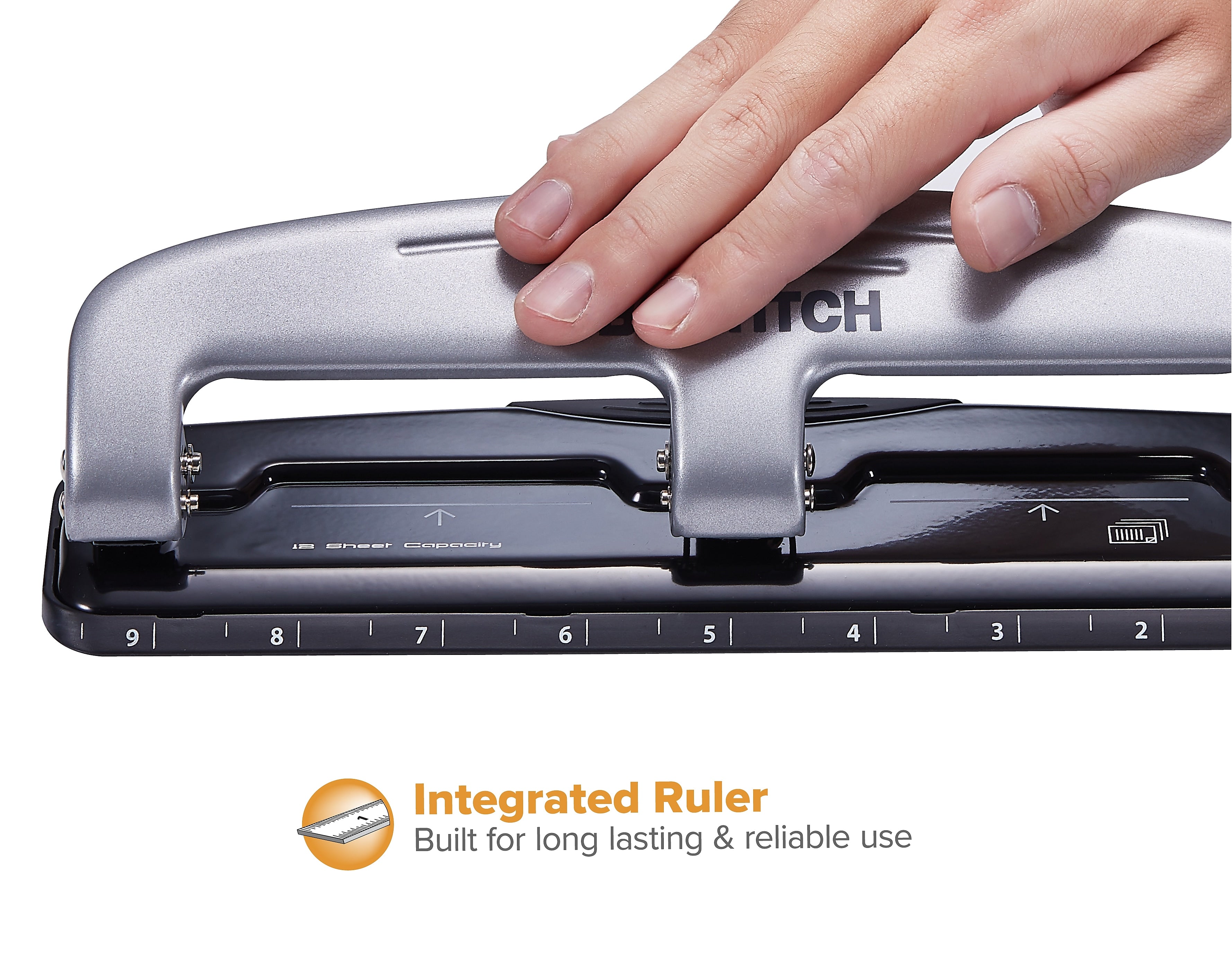 Bostitch EZ Squeeze 3-Hole Punch, 12 Sheet Capacity, Silver/Black